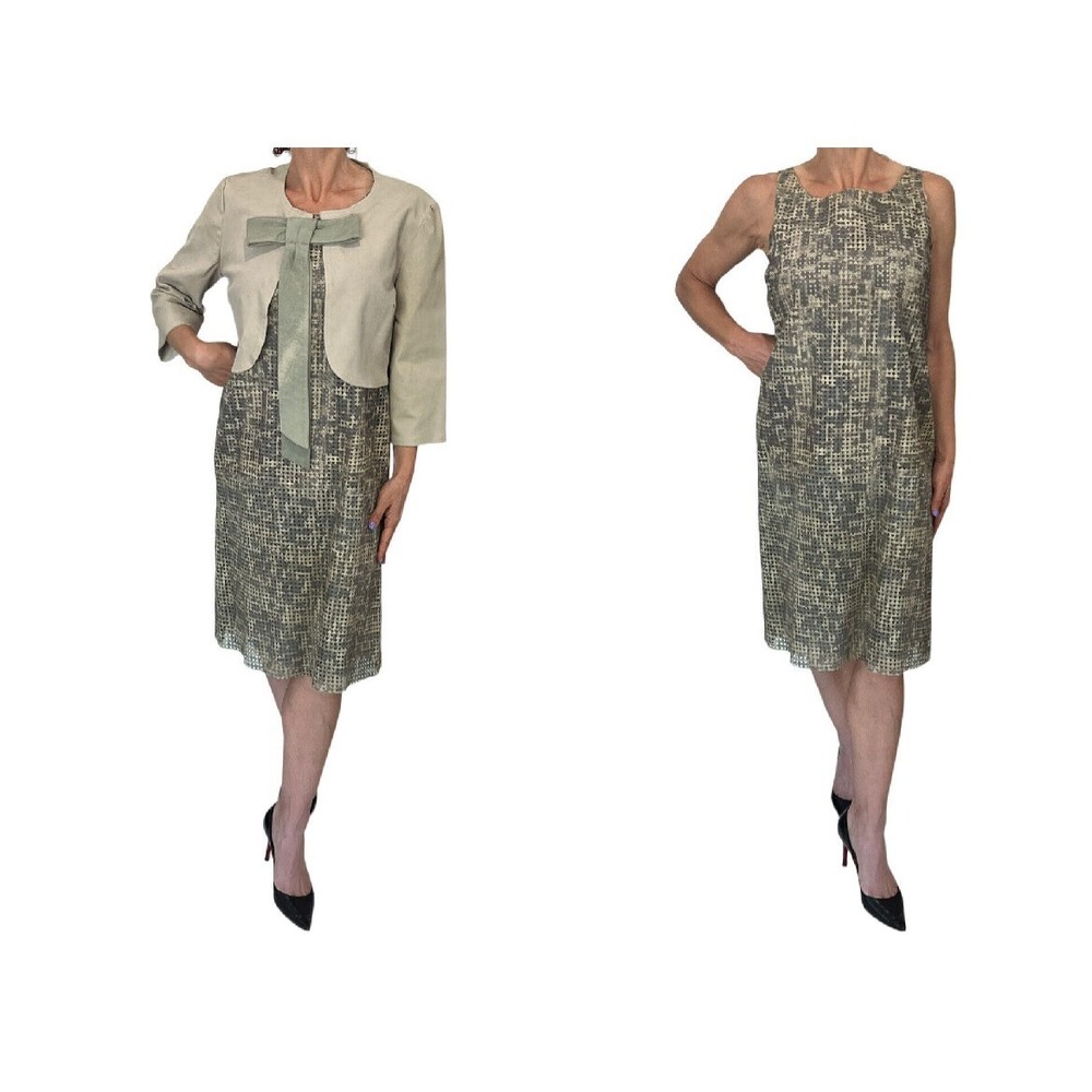 VINTAGE OSCAR DE LA RENTA GRAY LASER CUT PERFORATED LEATHER  DRESS & JACKET M 10